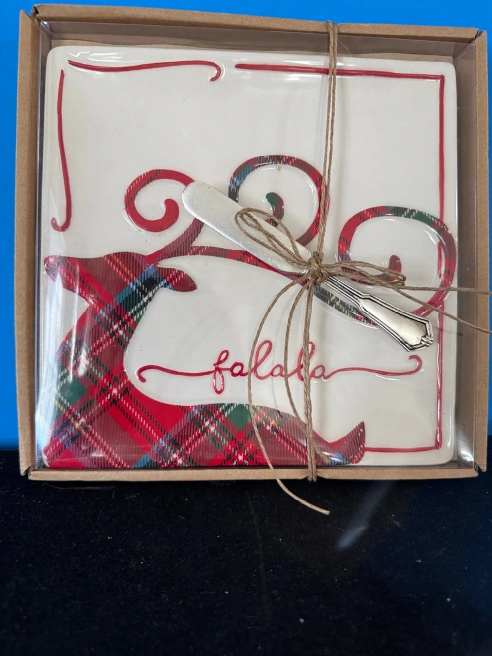 Mud Pie Holiday Plaid reindeer plate Set with Spreader - Red and Green 2017 NWT